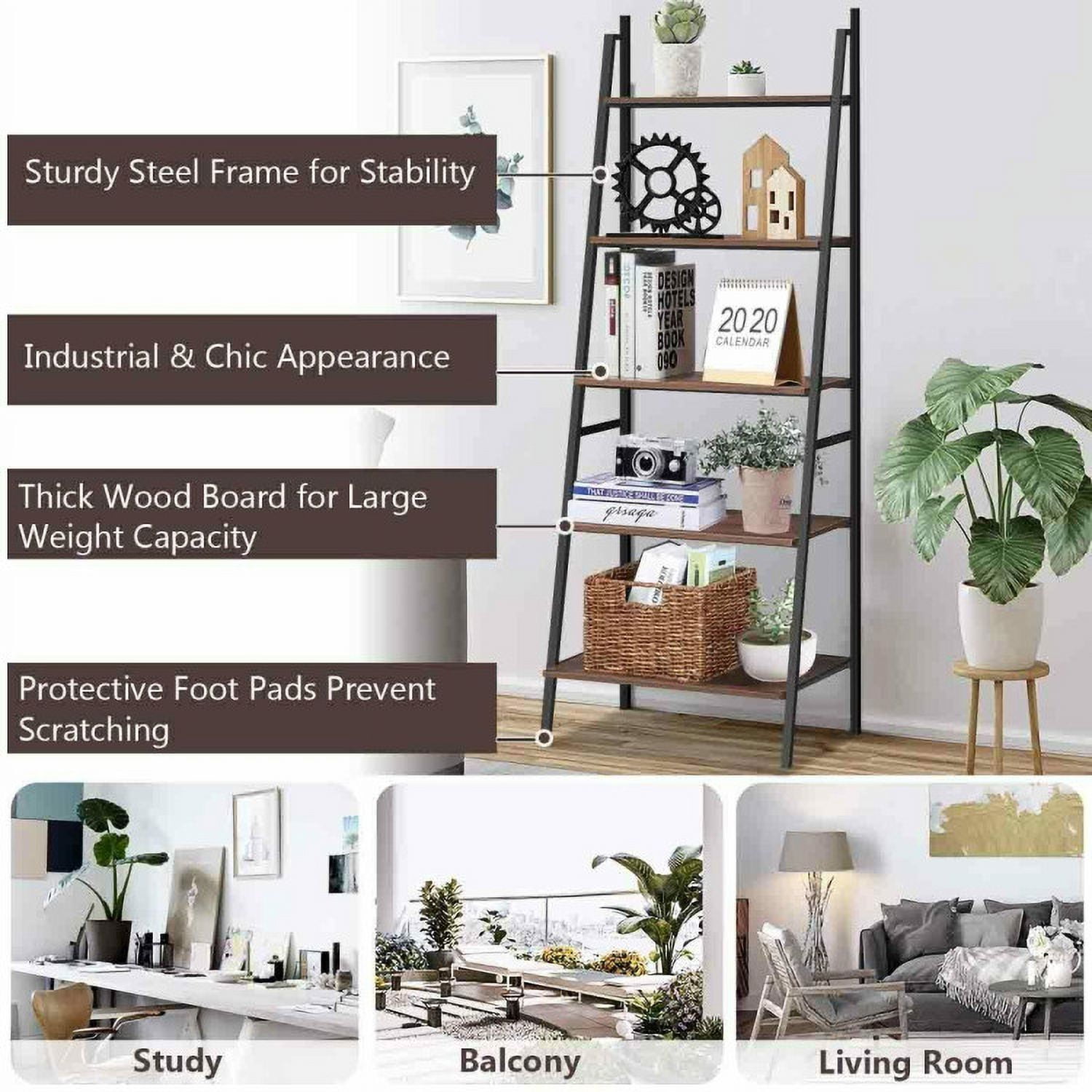 Demi Bonn 5 Tier Leaning Bookshelf, Wood and Metal Bookcase, Free Standing Ladder Shelf, Brown