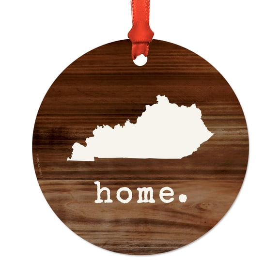 US State Round Metal Christmas Ornament, Rustic Wood Print, Kentucky, Includes Ribbon and Gift Bag