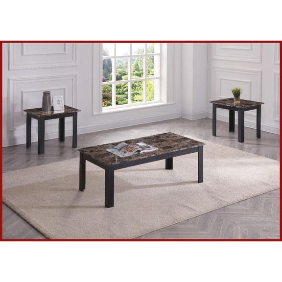 Traditional Brown 3-Piece Coffee Table Set with Faux Marble Tops, Easy Assembly for Living Room