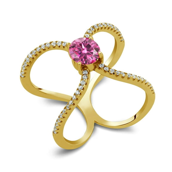 Gem Stone King 18K Yellow Gold Plated Silver Ring Round Pink Moissanite and (1.38 Cttw, Size 7)