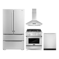 Cosmo 4 Piece Kitchen Appliance Package with 30" Freestanding Gas Range 30" Island Range Hood 24" Built-in Integrated Dishwasher & French Door Refrigerator Kitchen Appliance Bundles