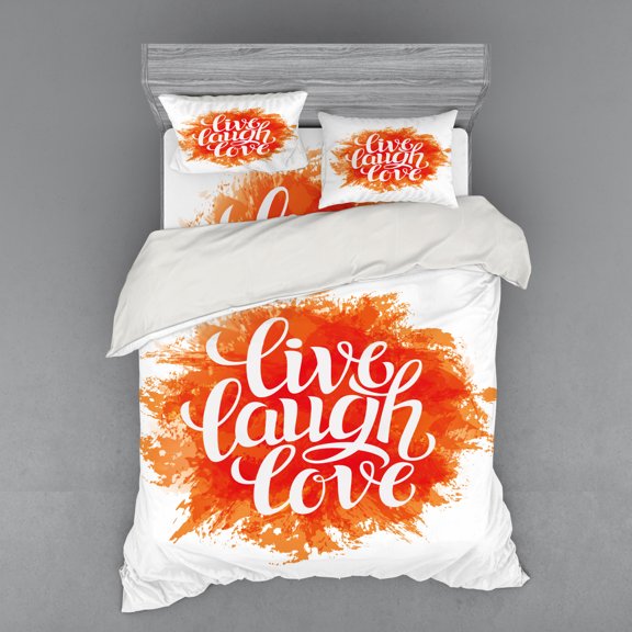 Ambesonne Live Laugh Love Bedding Set 4 Pcs, Cheerful Phrase, Queen, Orange White