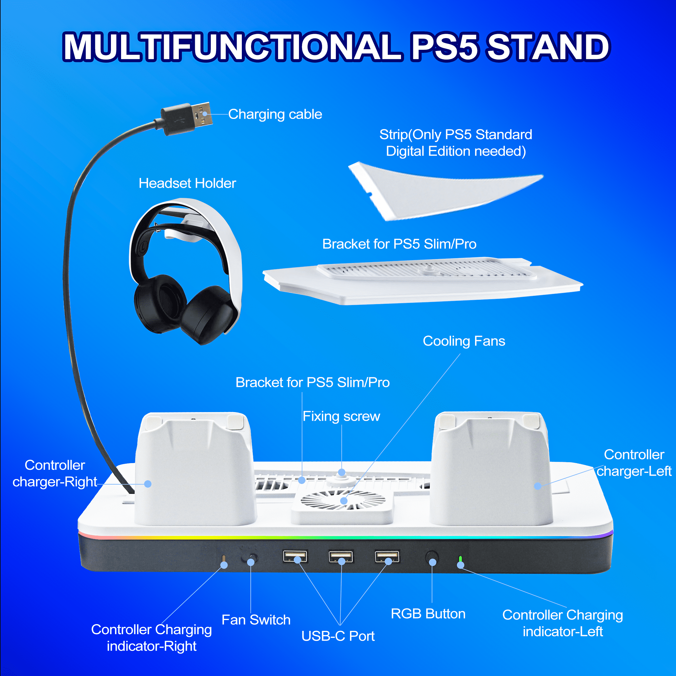 YUOY PS5/Slim/Pro Stand and Cooling Station with LED Controller Charging Station for PlayStation 5 Console, Controller Charger, Cooling Stand, PS5/Slim/Pro Accessories Kit with 2 Level Cooler Fan