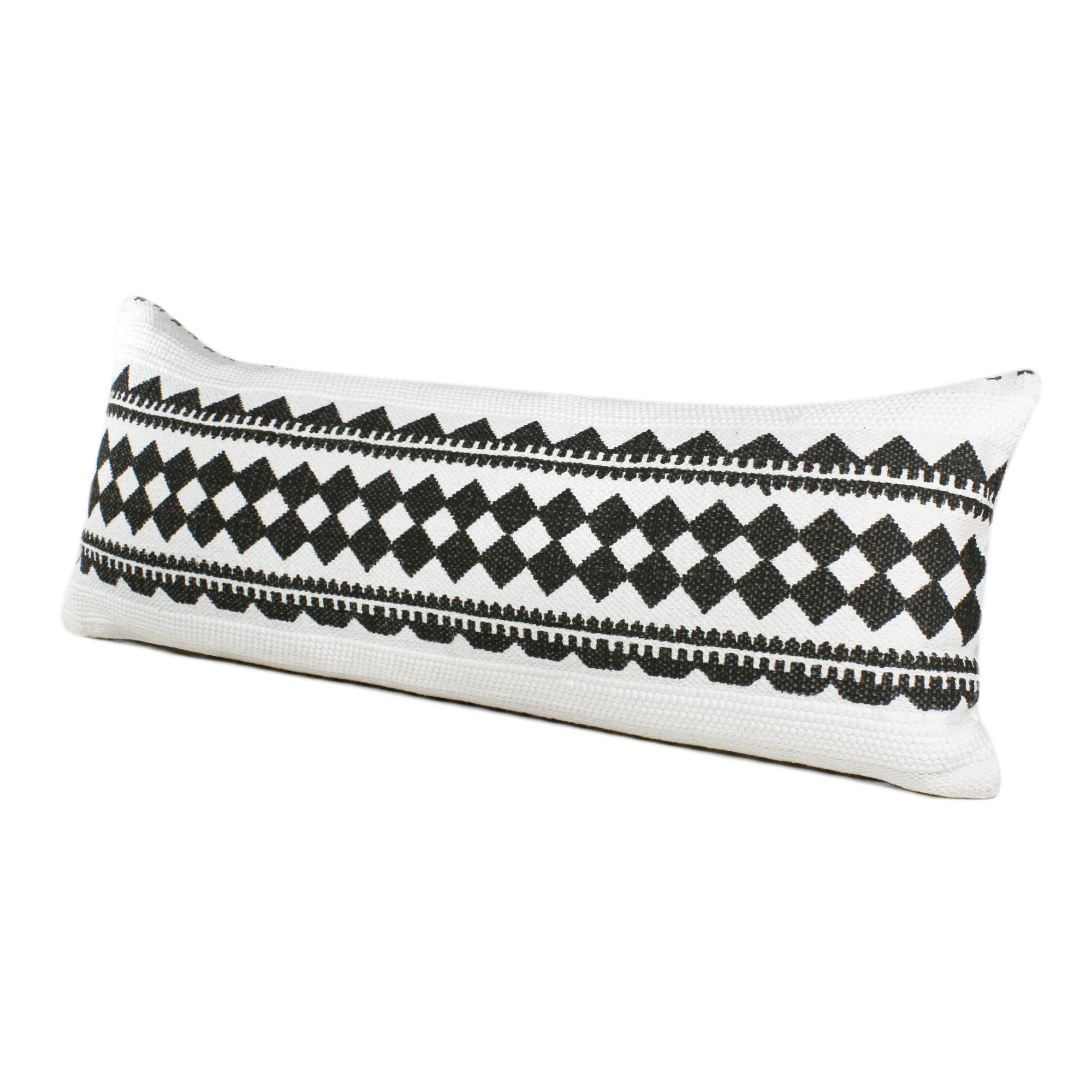Laddha Home Designs Handwoven Geometric Diamond Lumbar Pillow Cover - 36" - White and Black