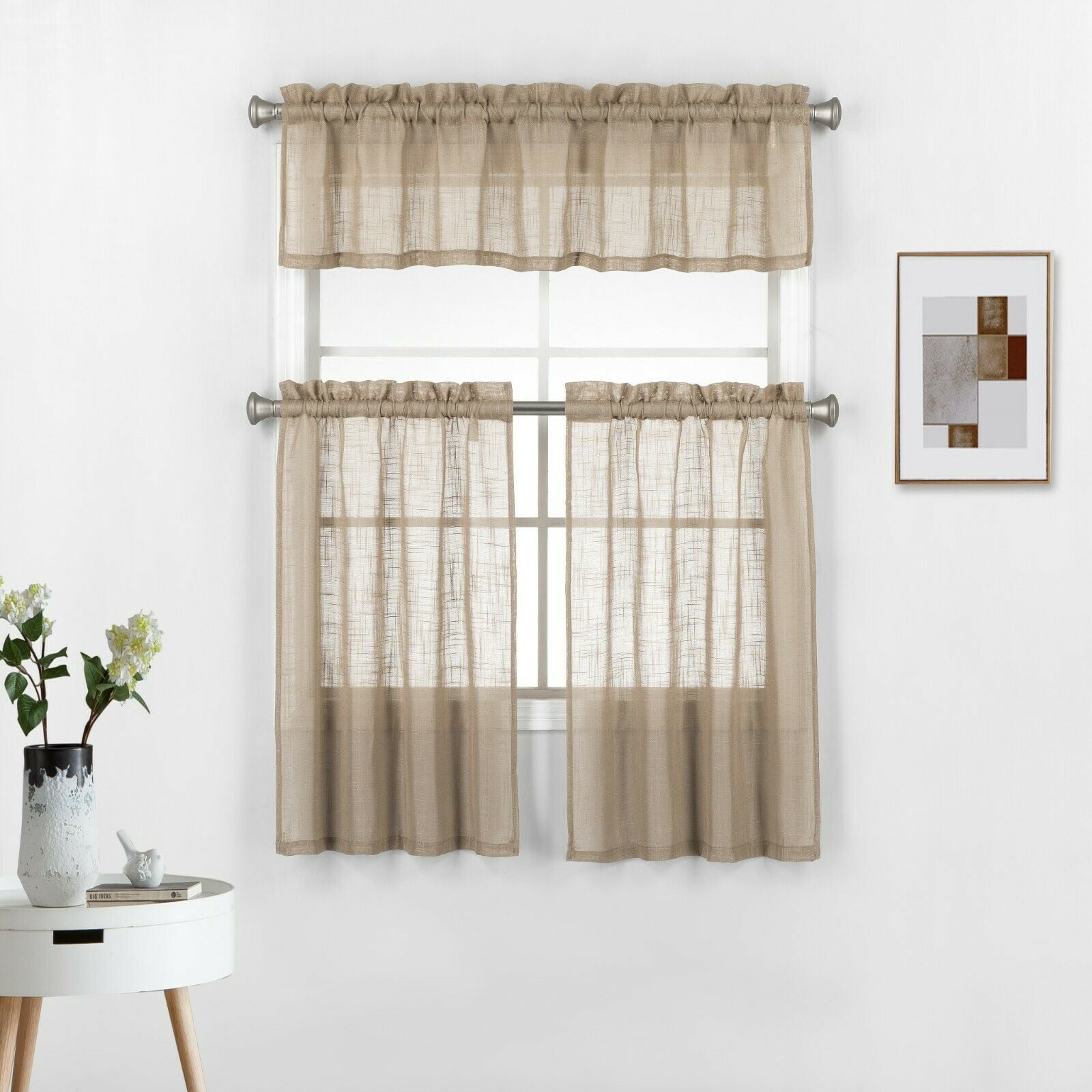 Taupe Blackout Energy Saving 3 Pc Curtain Set Metallic Design\Valance\Tiers 36L 