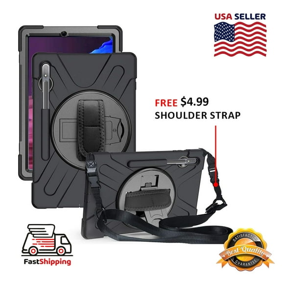 Samsung Galaxy Tab Tab S8  S9  S9  FE 12.4" Case, 3-Layer Military Grade Cover with S Pen Holder, kickstand, Hand/ Shoulder Strap for Galaxy Tab S8  S9  S9  FE 12.4" - Black
