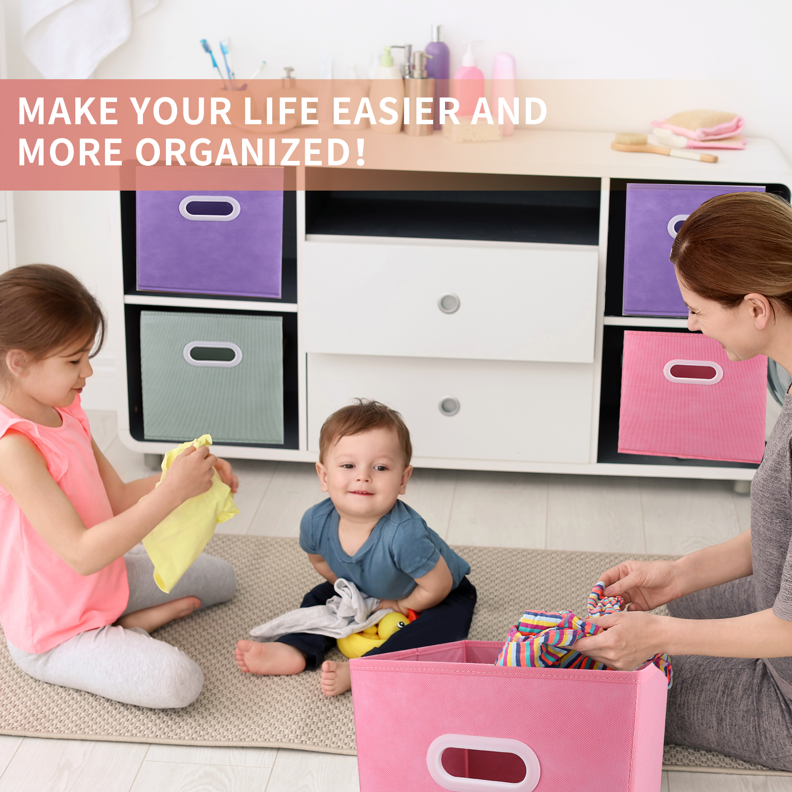 Lourome Storage Cubes, 11-inch Cube Storage Bin, 6 Sets Foldable Fabric Storage Cubes With Handles, 6 Cube Storage Organizer, Storage Cube Bins for Toys, Clothes and Books. (Purple+Pink+Cyan）