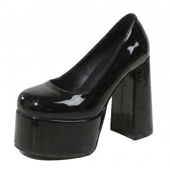 SACFOF Women's Round Toe Platform Chunky High Block Heel Pumps Leather Slip-On Formal Work Office Dress Shoes