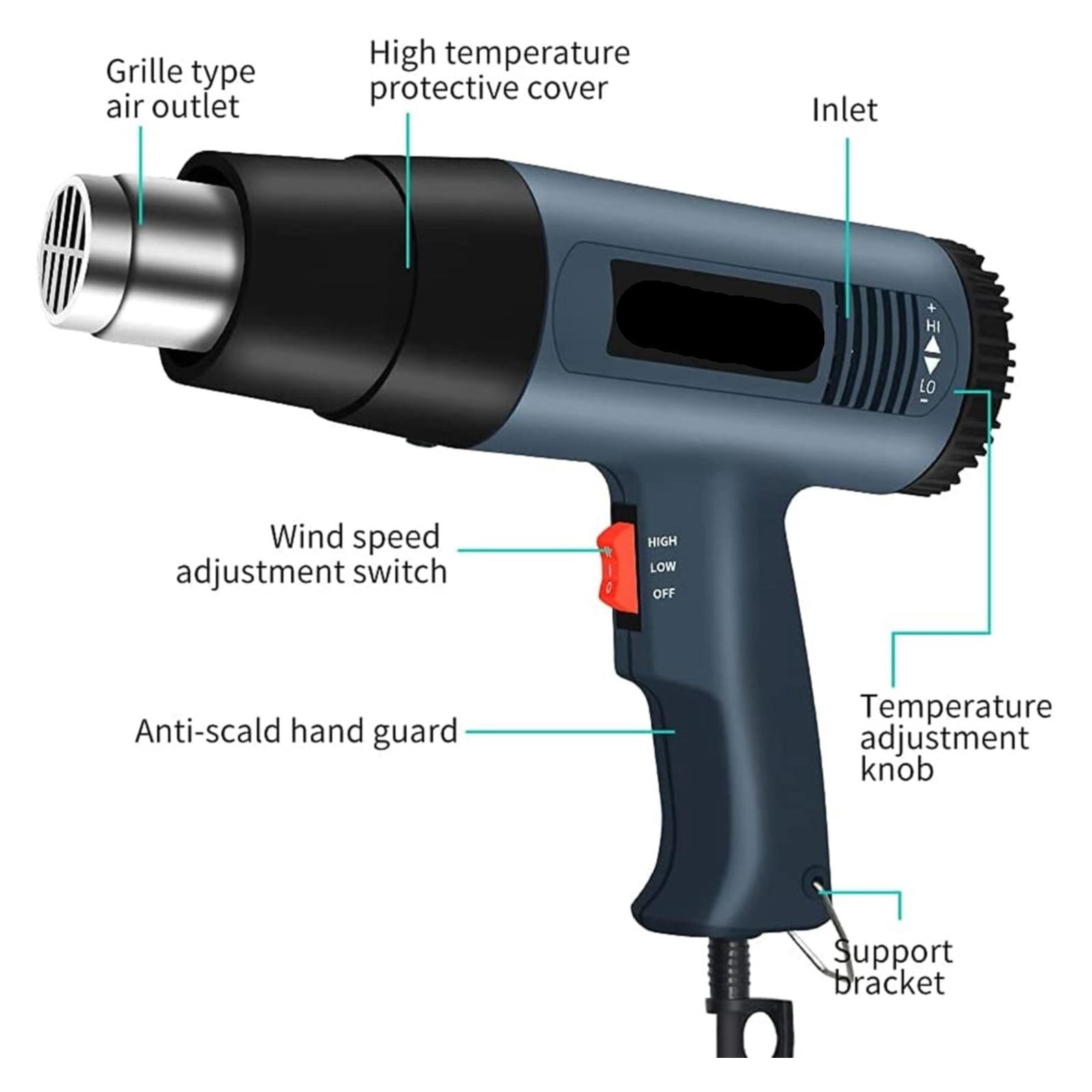 2000W Heat Gun Professional Hot Air Gun Adjustable Temperature 60-600 D 4 Nozzles for DIY Stripping Paint Shrinking PVC and Home ,Variable Temperature