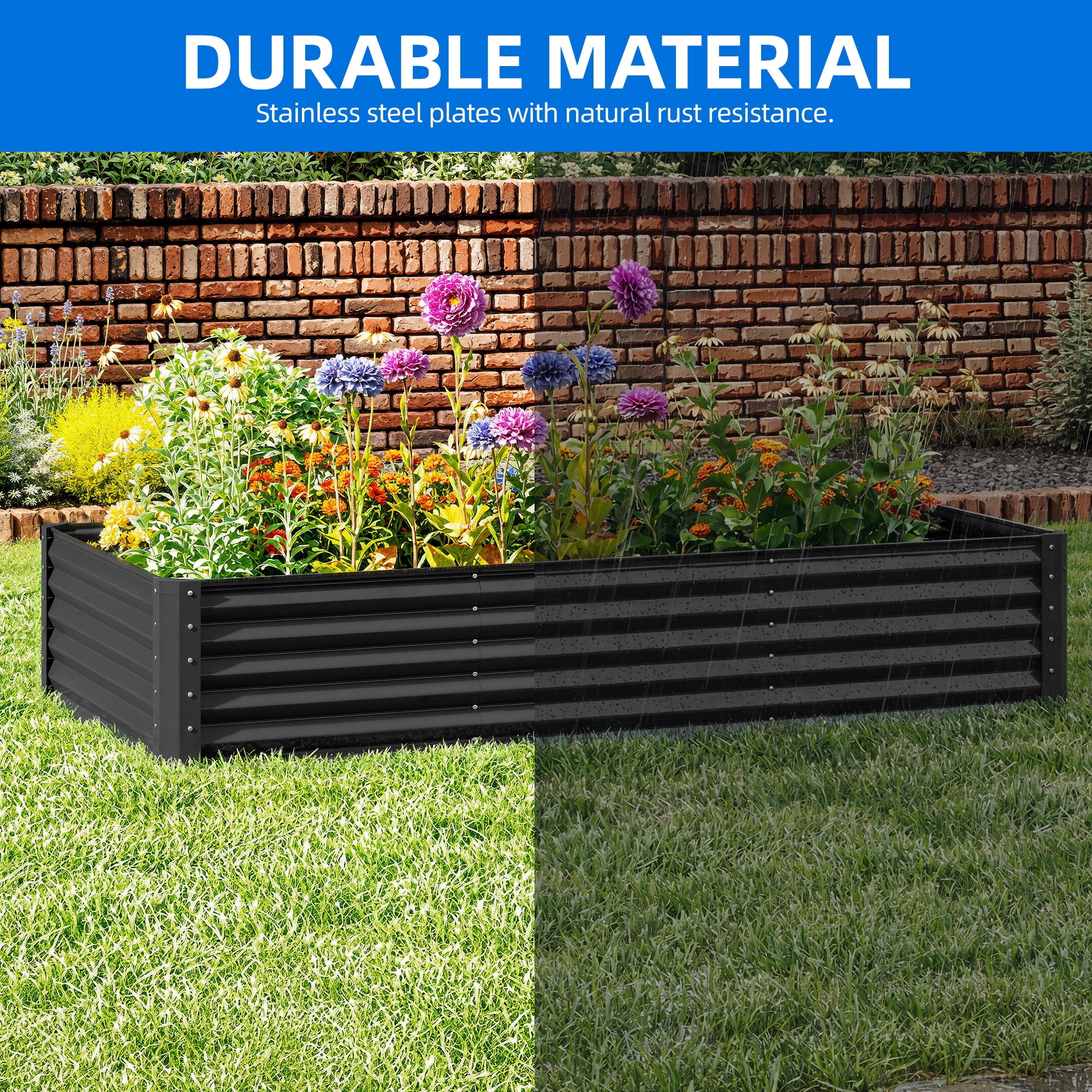 Uforic 8x4x1.5ft 1 Pack Galvanized Metal Raised Garden Bed Kit with Safety Rubber and Gloves, Black