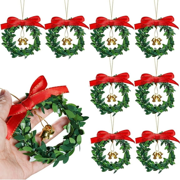 10Pcs Mini Christmas Wreaths, Small Green Hanging Wreath Christmas Ornament for Winter Holiday Home Outdoor Indoor Fireplace Mantle Window Cabinets, Christmas Tree Front Door Decorations