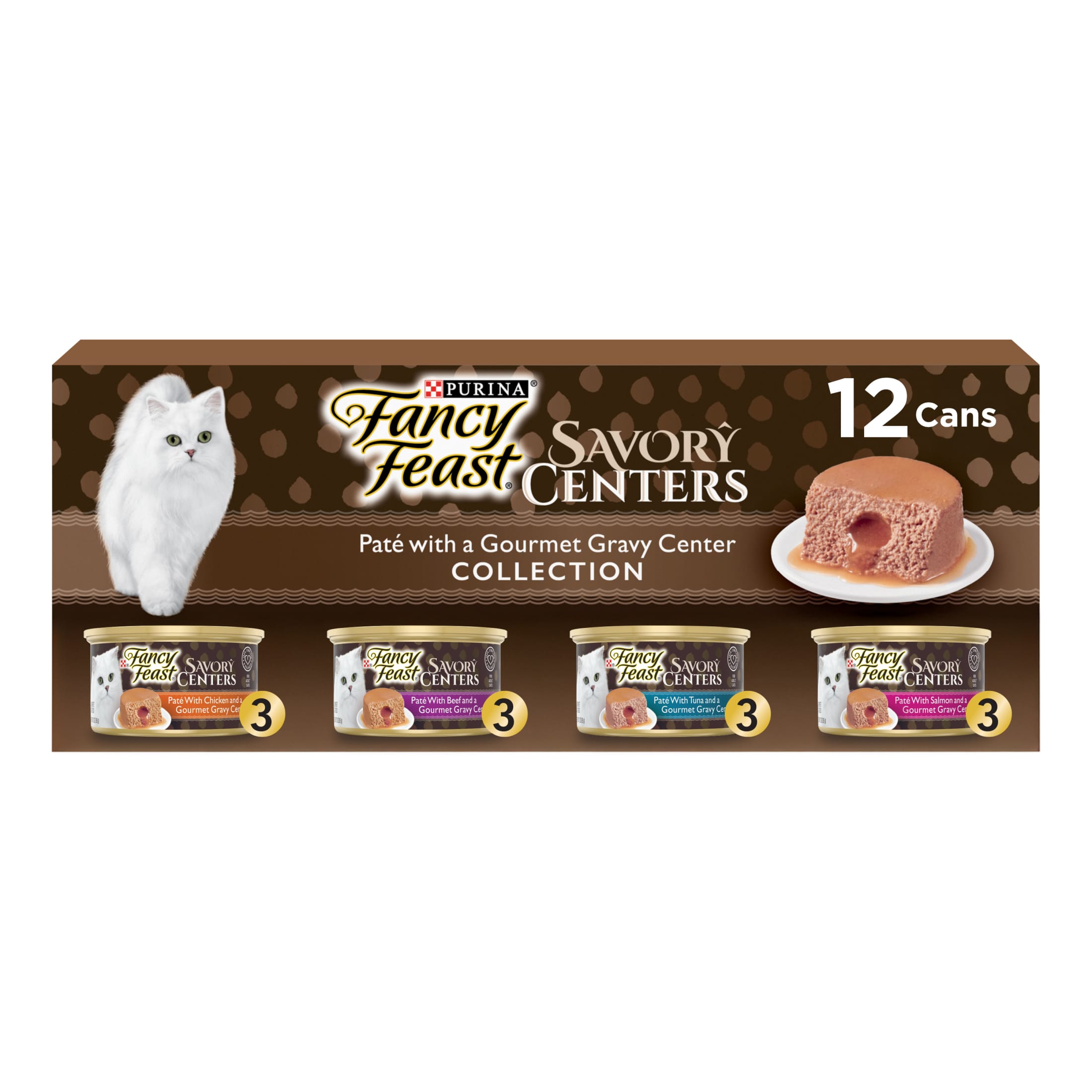 Purina Fancy Feast Savory Centers Wet Cat Food Pate Variety Pack With Chicken, Salmon, Beef, and Tuna Pate with Gravy Center, 3 oz Cans