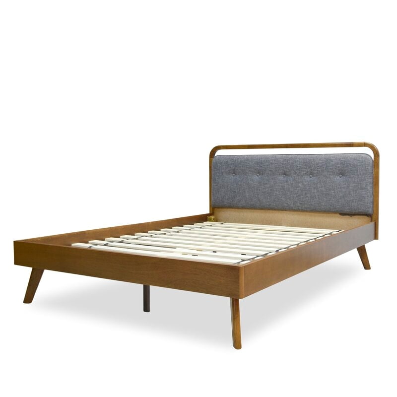 Mid Century Modern Grey Linen Fabric Low Profile Bed Frame Full Size 