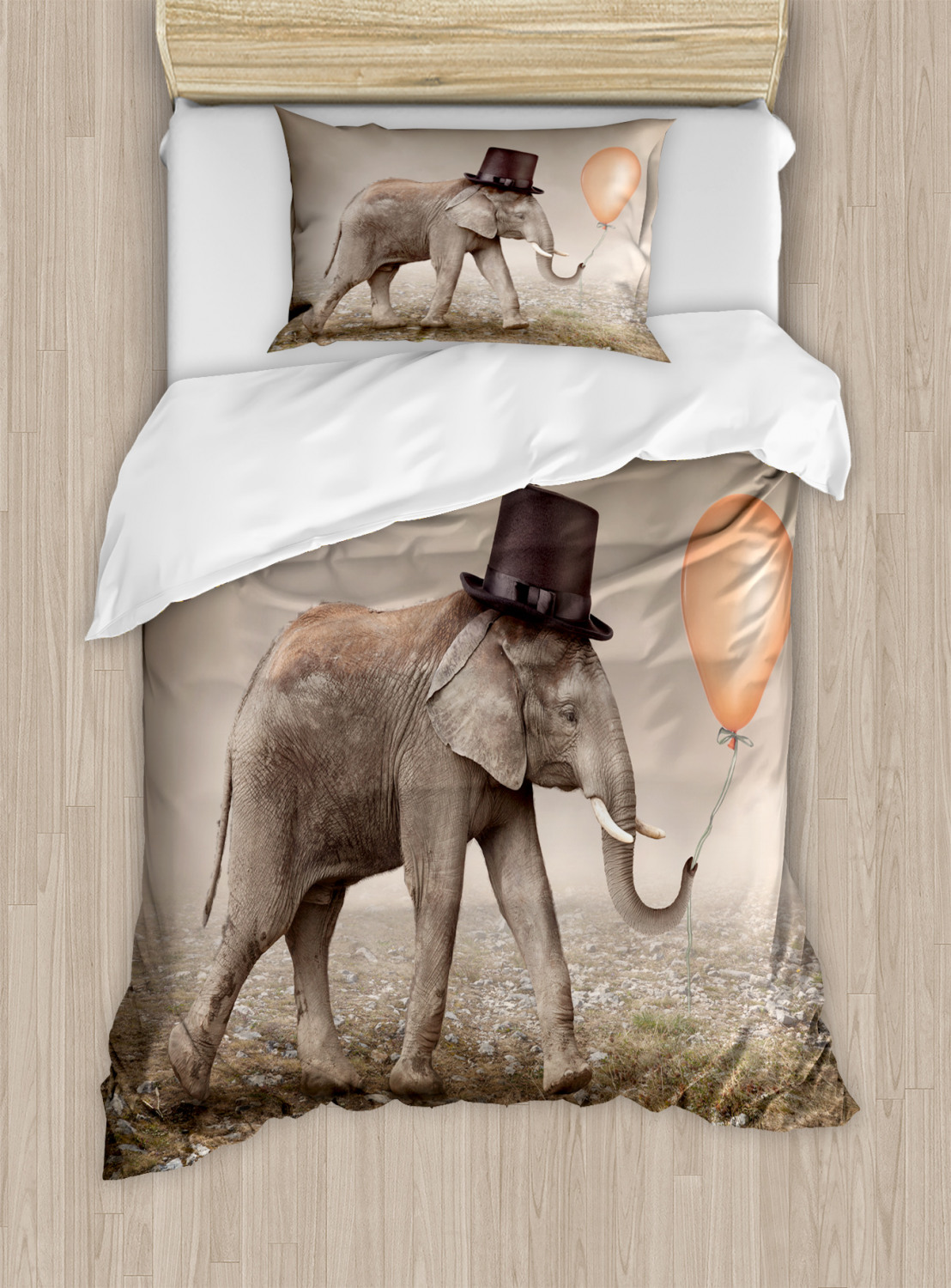 Elephant Twin Size Duvet Cover Set, Illusionist Elephant With Black Hat