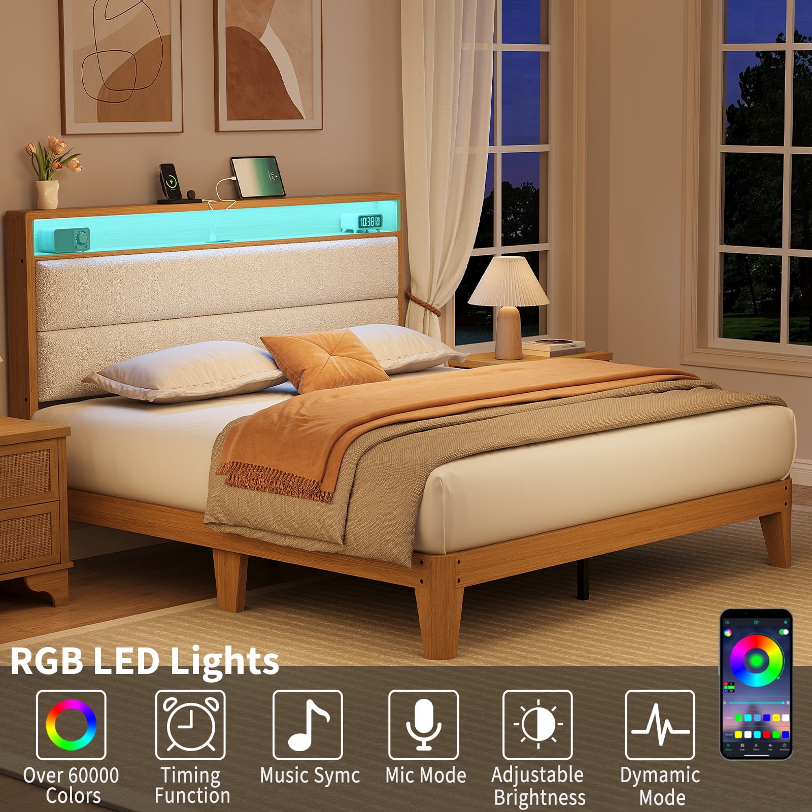 Queen Size Upholstered Bed Frame with LED Lights & Charging Station, Boucle Headboard Platform Bed with Wooden Slats, No Box Spring Needed, Easy Assembly，White