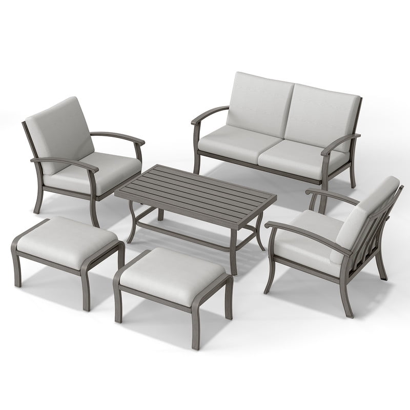 6 Pieces Aluminum Outdoor Conversation Set, Patio Furniture Set with 1 Cushioned Loveseat, 2 Armchairs, 1 Coffee Table and 2 Ottomans for Yard, Porch, and Deck