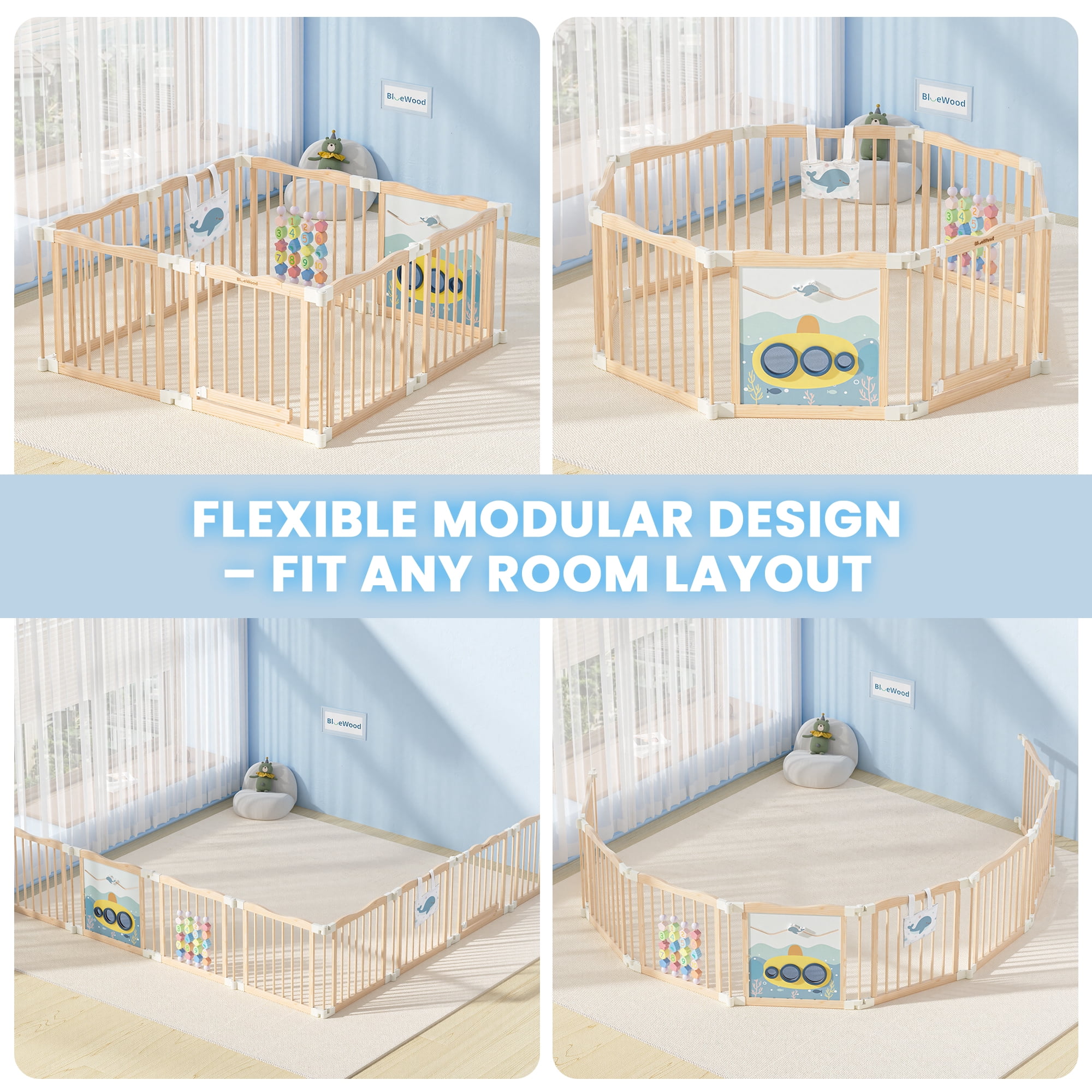 WoodTooy 8-Panel Solid Pine Wood Kids Safety Play Fence Set , Easy Assembly for Indoor Play Areas