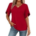 thumbnail image 7 of HomeDM Womens Petal Short Sleeve T Shirts, V Neck Solid Color Loose Fit Basic Tee for Women Summer - Red/2XL, 7 of 7