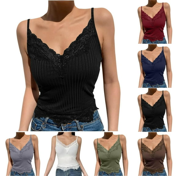 Womens Lace Trim Camisole V Neck Spaghetti Strap Cropped Sleeveless Y2K Style Top
