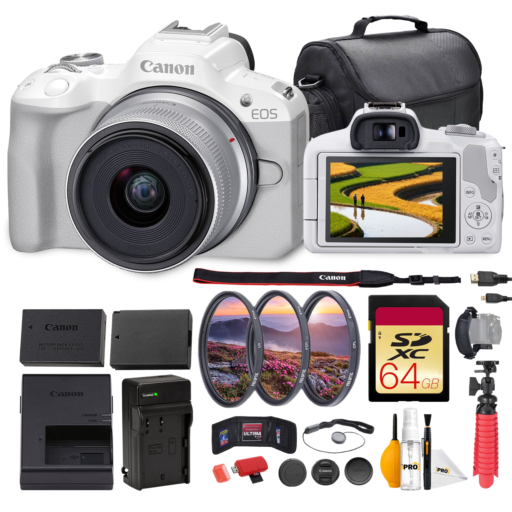 Canon EOS R50 Mirrorless Camera with 18-45mm Lens Bundle | 24.2MP APS-C Sensor, Dual Pixel CMOS AF II & 4K Video | For Beginners & Everyday Photography (5812C012) + 64GB Card + Battery + Bag + More