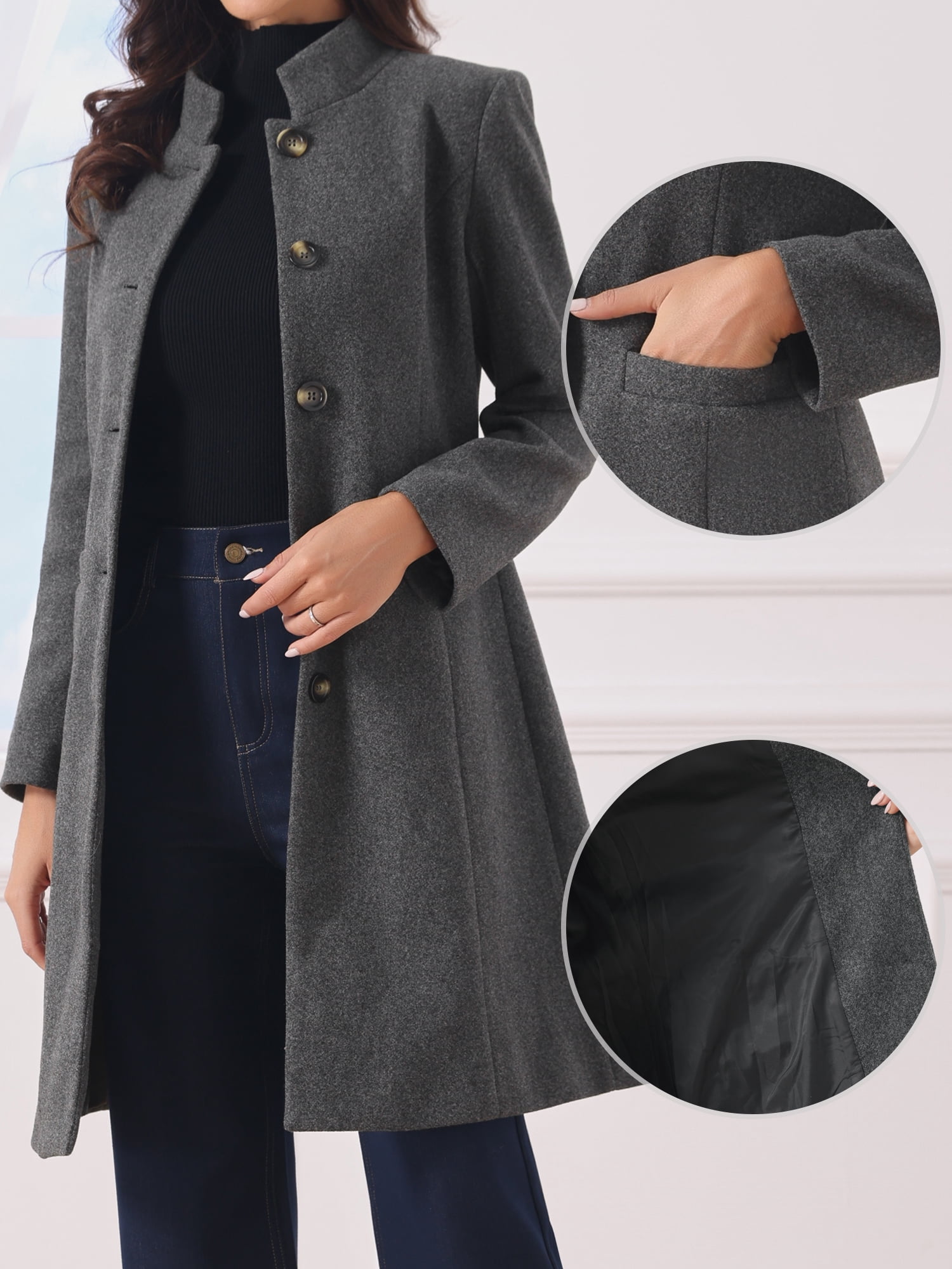 DARING DIVA Women's Stand Collar Mid-Length Overcoat with Pockets M Grey