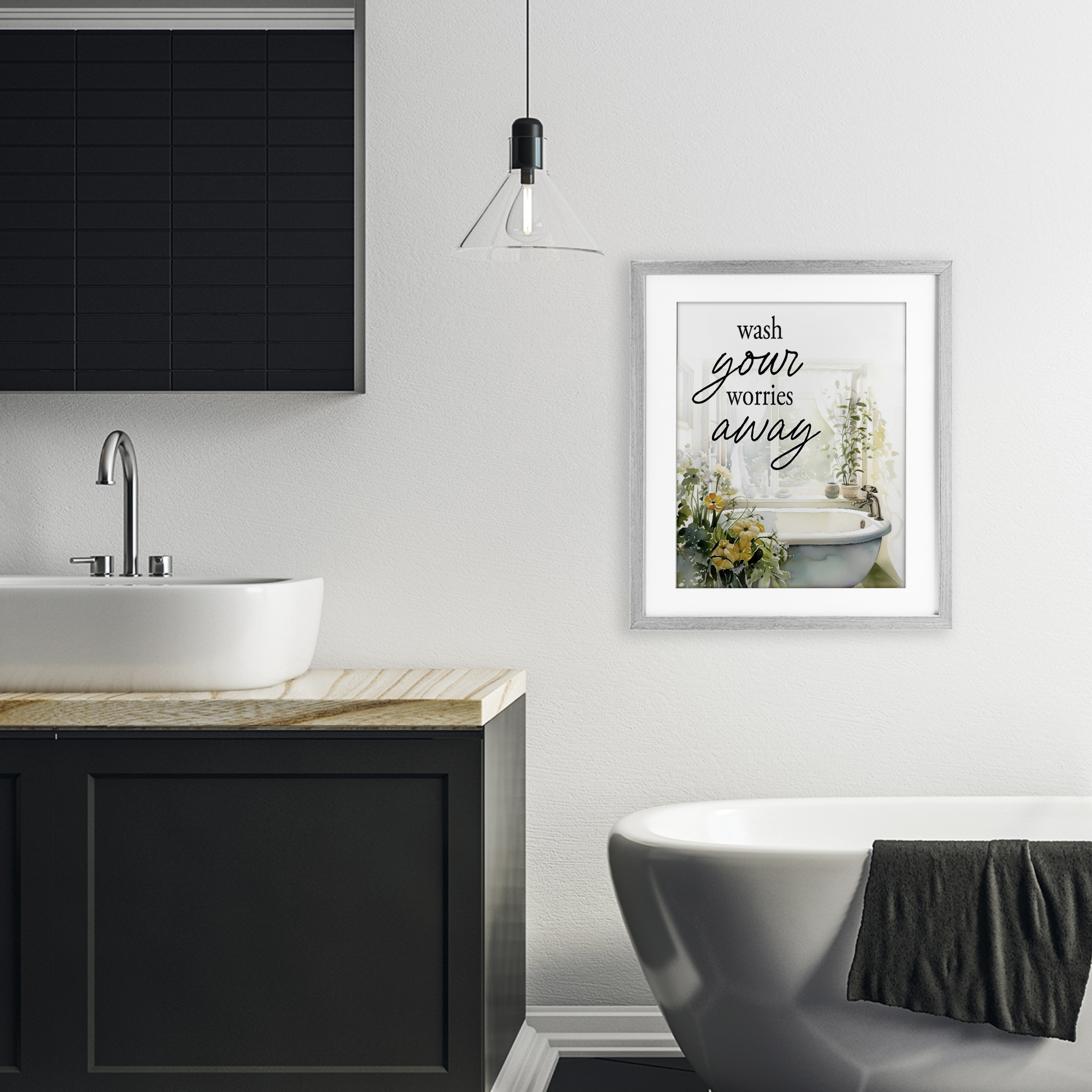 Wash Worries Away Sunlit Bath Gray Framed Print Under Glass, design by Lettered and Lined