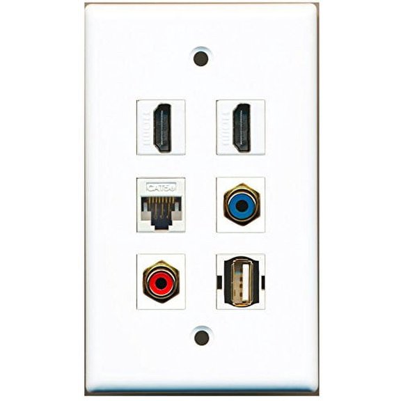 RiteAV - 2 HDMI 1 Port RCA Red 1 Port RCA Blue 1 Port USB A-A 1 Port Cat5e Ethernet White Wall Plate
