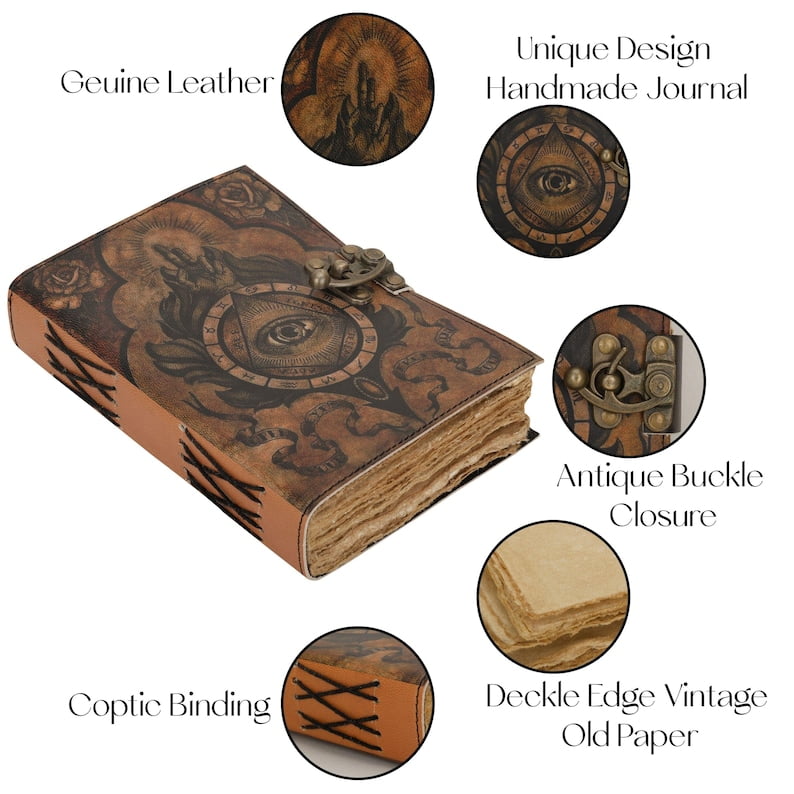 Handmade Vintage Leather Journal with All-Seeing Eye Design – 5x7” Notebook with 200 Deckle Pages, Antique Lock Closure, Rustic Writing Diary