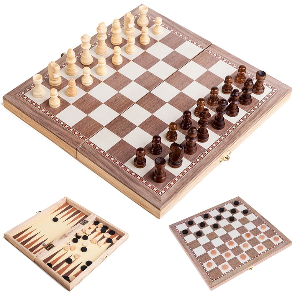 3in1 FOLDING WOODEN CHESS SET Board Game Checkers Backgammon Draughts Toys Gift 