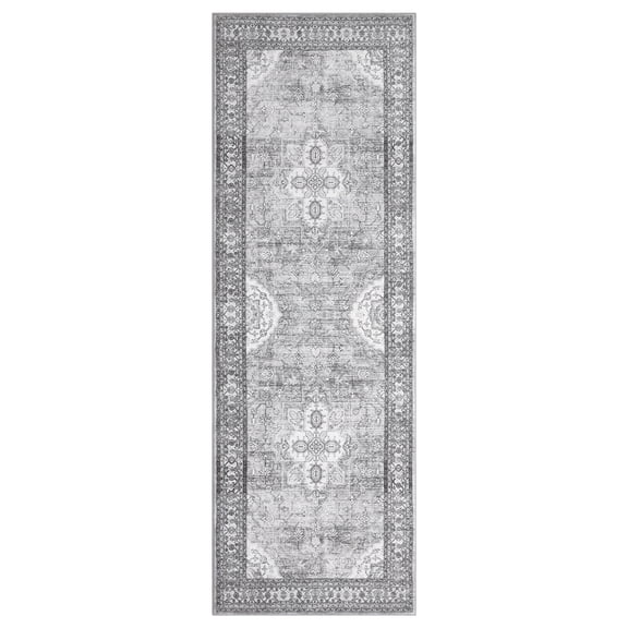 2'x6' Washable Vintage Runner Rug – Non-Slip Low Pile Distressed Medallion Carpet for Hallway, Kitchen, Laundry & Entryway, Grey