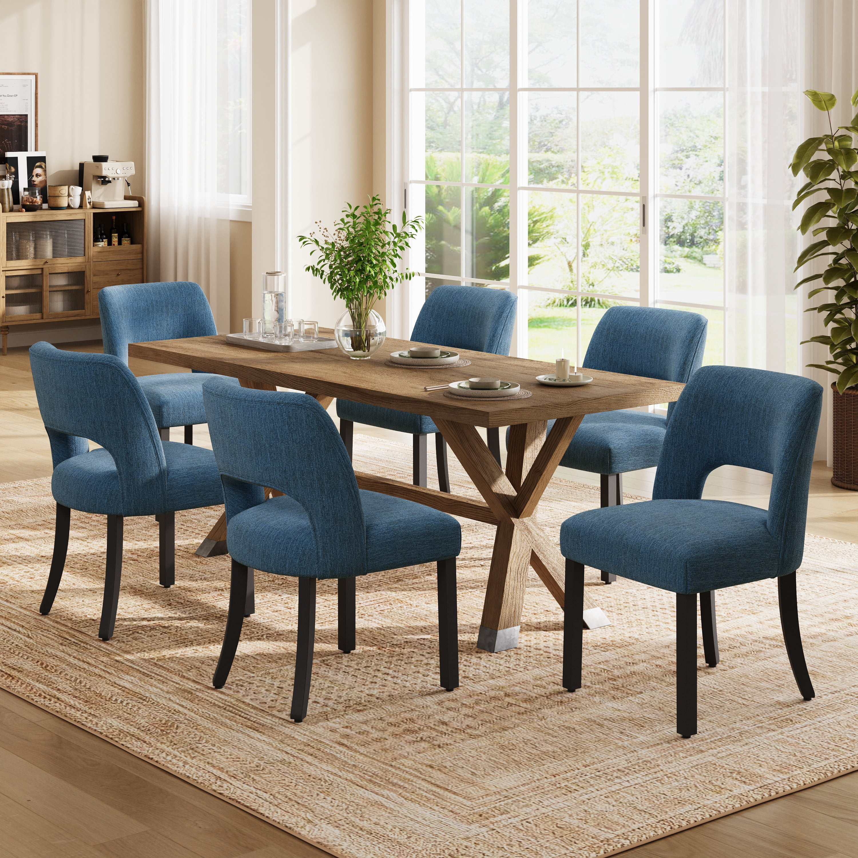 Vknow Furniture Wooden Dining Chairs Set of 2, Modern Fabric Upholstered Dining Room Chair Kitchen Chairs, Farmhouse Dinner Chair for Kitchen Dining Room, Blue