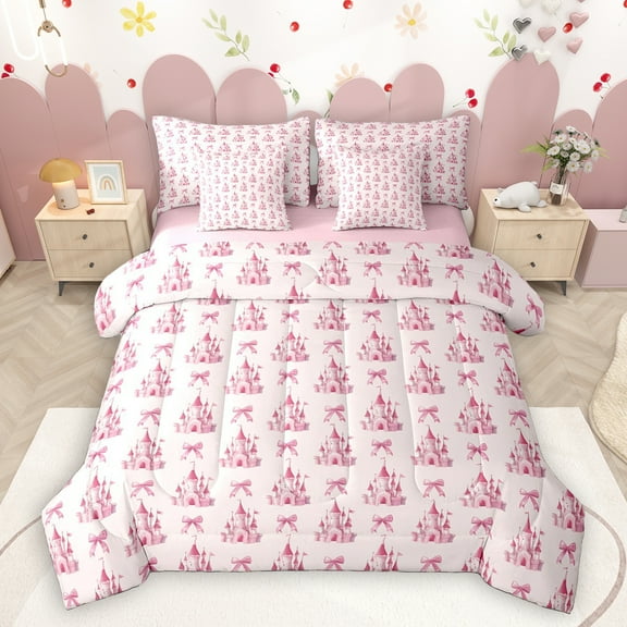 Homewish Cartoon Princess Castle 7-Piece Twin Bedding Sets,Pink Bow Knot Bedding Comforter Set,Dreamy Fairy Tale Sheet Sets For Girrl Kids,Breathable Home Decor Reversible