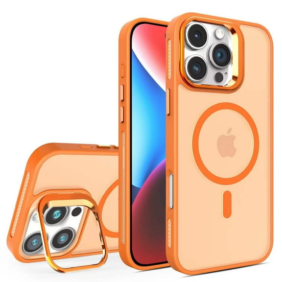 For iPhone 16 Pro Max Case Magnetic, [Compatible with Magsafe] Matte Translucent [Camera Lens Kickstand] Shockproof Drop Protection Bumper Rugged Phone Case for Apple iPhone 16 Pro Max, Orange