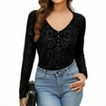 thumbnail image 2 of Xdegoge Lace Tops For Women V Neck Sheer Mesh Long Sleeve Shirts Button Front Blouse Floral Crochet Layering Dressy Casual Going Out Outfits, 2 of 9