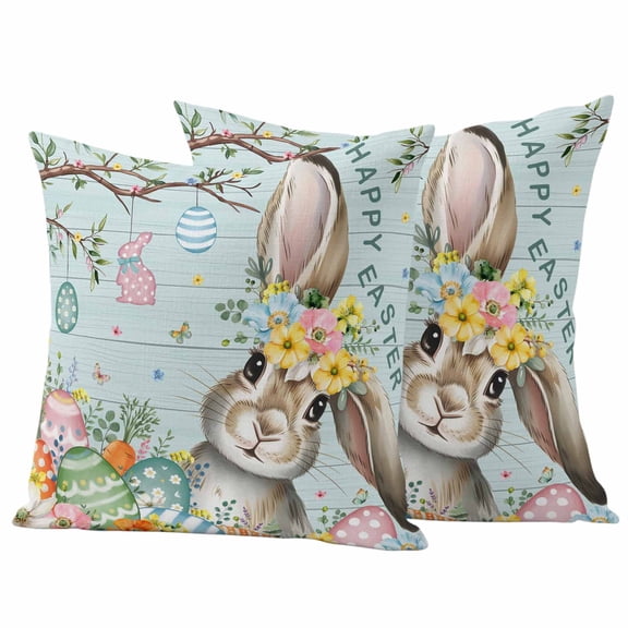 Turquoise Easter Bunny Outdoor Waterproof Pillow Covers, Spring Easter Eggs Floral Wooden Decorative Square Throw Pillowcase Sofa Cushion Sham for Patio/Couch/Chair, 18"x18" 2 Pack