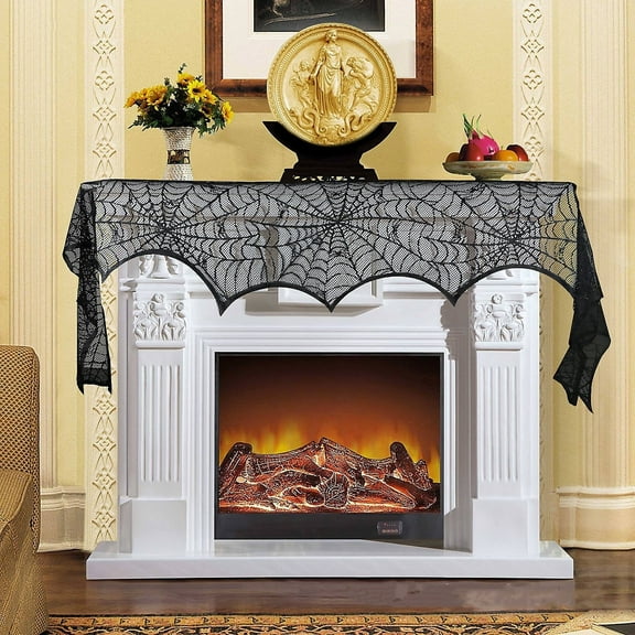 Vorkoi Cobweb Fireplace Scarf Halloween Decoration Black Lace Spiderweb Mantle Scarf Halloween Party Supplies, 18 x 96 inch