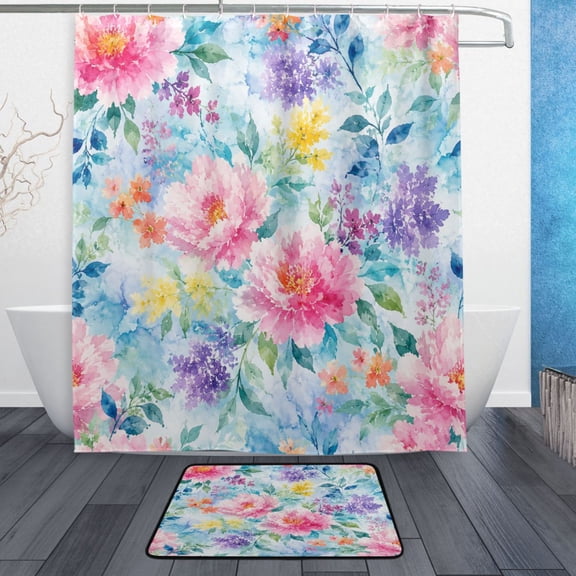 TTYFWHD 60" x 72" Shower Curtain and Bath Mat Set Pastel Floral Peony Pattern Waterproof Bathroom Curtain with 12 Hooks, Bathroom Decor Set