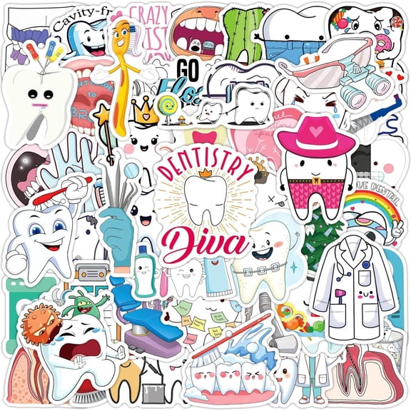 CCOCC 50Pcs Cartoon Teeth Stickers for Kids,Caring for Dental Health Stickers,Cute Dentist Sticker for Water Bottles Laptop Luggage Phone,Vinyl Waterproof Decals Kids Sticker (Tooth)