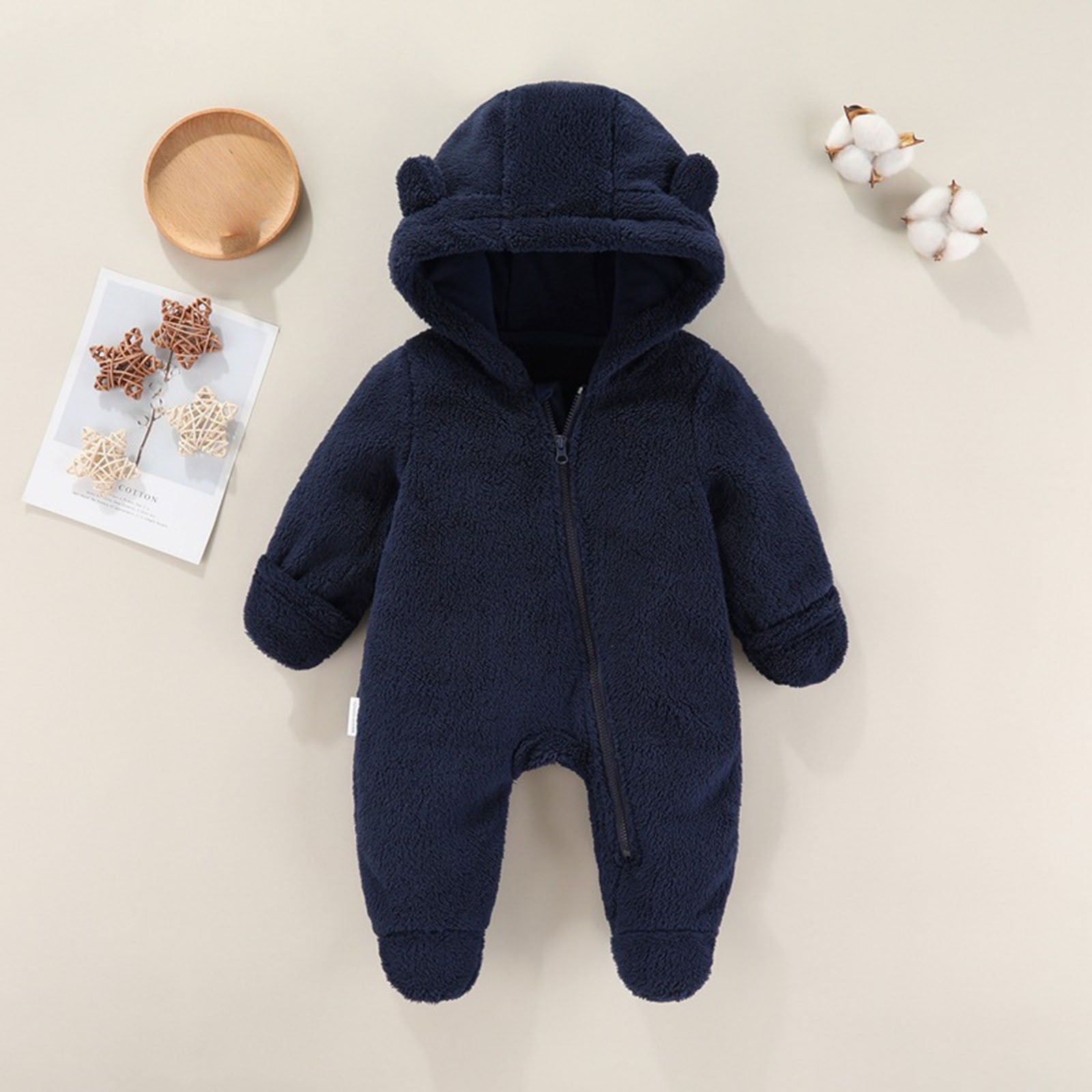 UAMVSH 2PC Newborn Baby Romper Fleece Long Sleeve Zipper Onesies Infant Boys Girls Warm Footed Hooded Jumpsuit Winter Clothes 0-12M