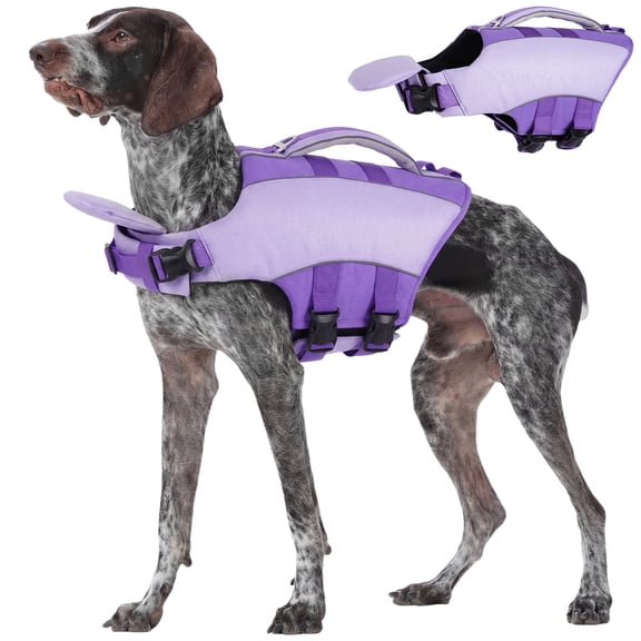 Kuoser Dog Life Jacket, Reflective Adjustable Dog Life Vest with Rescue Handle for Swimming Boating, Ripstop Pet Safety Life Preserver for Small Medium Large Dogs, Purple, M