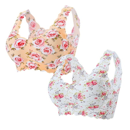 

Strapless Bras for Women Floral with Ice 2 Pcs Print Unblemished Silk Plus-Size No Underwire Bra for Womens Gold L