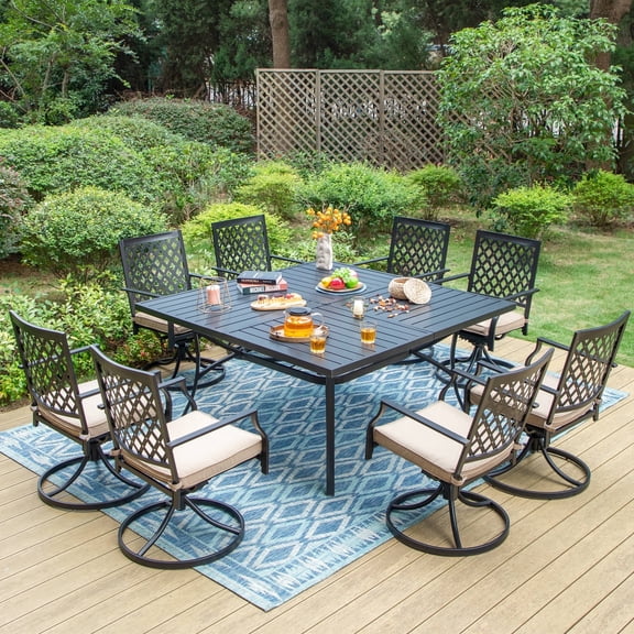 SUMMIT LIVING 9-Piece Outdoor Dining Set with 8-Seat Table & Swivel Cushioned Chairs with, All-Weather Metal Furniture, Black & Beige