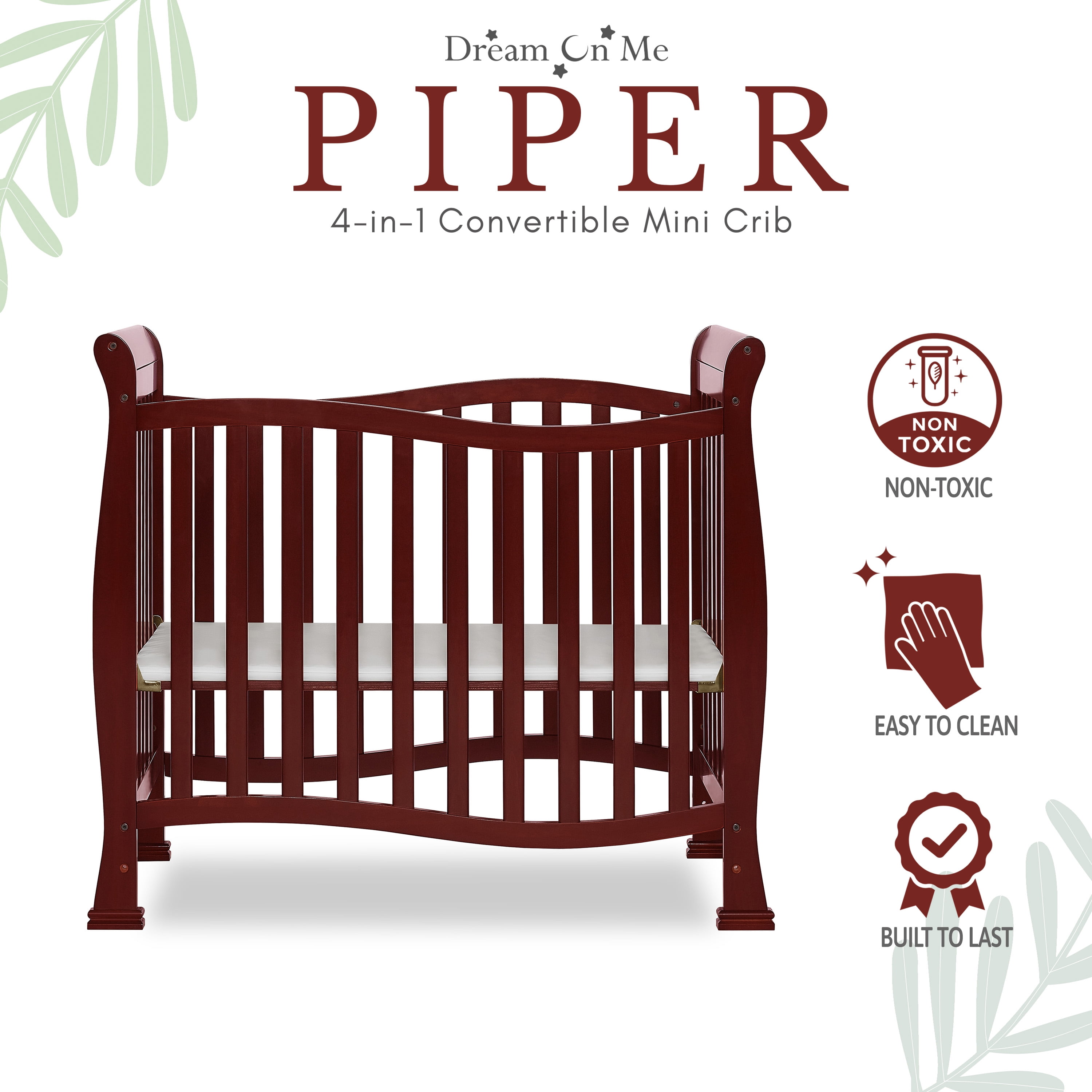 Dream On Me Piper 4-in-1 Convertible Mini Crib, Cherry