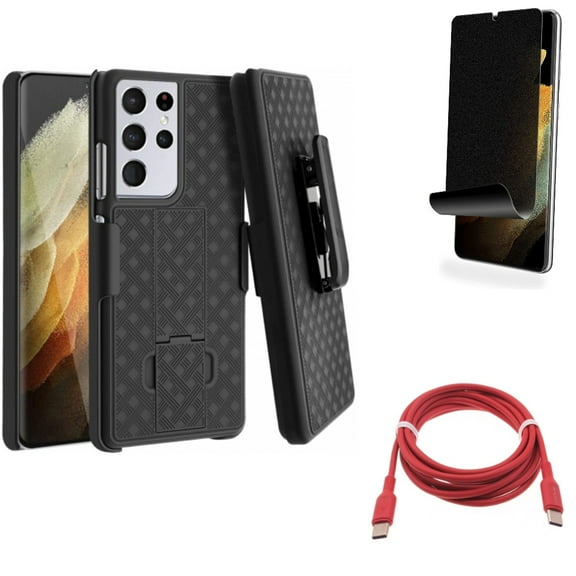 Privacy Screen Protector & Red 6ft Long Cable & Case Belt Clip for Samsung Galaxy S21 Ultra Phone - TPU Film Fingerprint Works & USB-C to Type-C PD Fast Charger & Holster Swivel Accessory Bundle