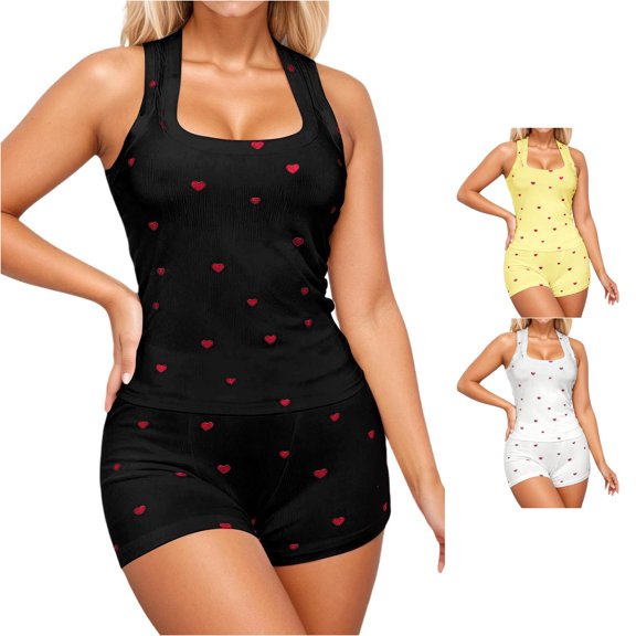 Weebloom Pajamas Women Heart Print Sleeveless Tops And Shorts Pajama Soft Comfy Two Piece Outfit Summer Casual Home Wear Sleepwear Nightwear Pjs Loungewear Black M