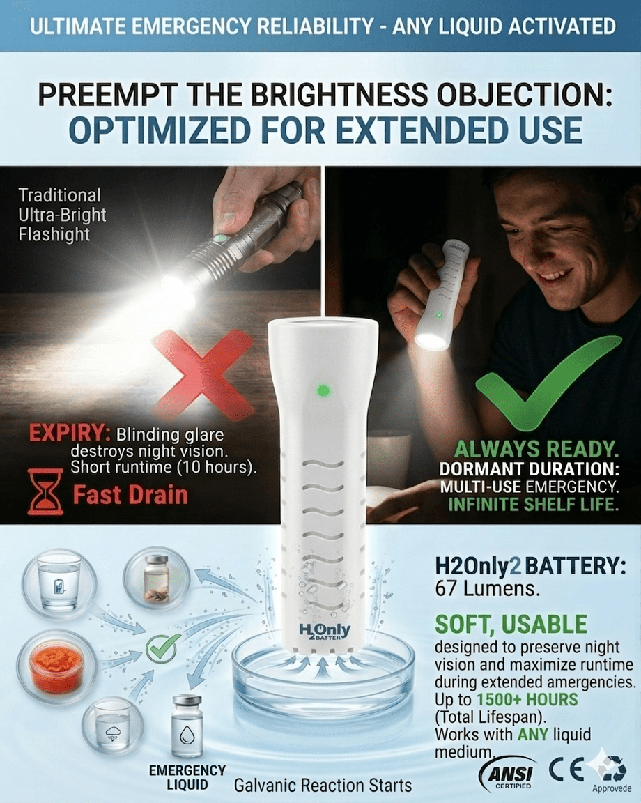 H2OnlyBattery Flashlight - No Batteries Needed - Water Powered (or Any Liquid)- No Expiration Date - 67 Lumens, Emergency Light - Last up to 1500 Hours-White