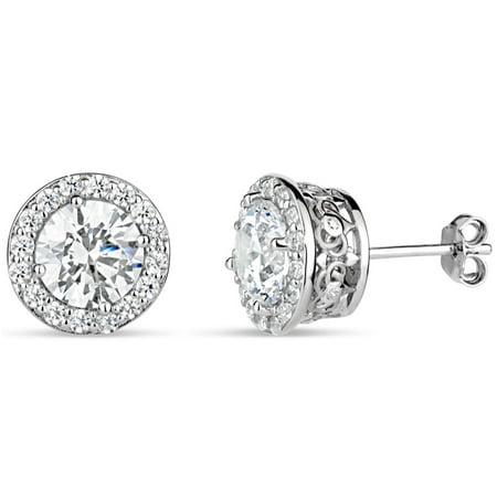 7 mm White Round Swarovski Cubic Zirconia Sterling Silver Rhodium Plated Halo Filigree Sides Stud Earrings