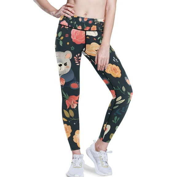 Ckdifva Bears Beautiful Roses Yoga Pants with Pockets for Women Workout Athletic Yoga Leggings