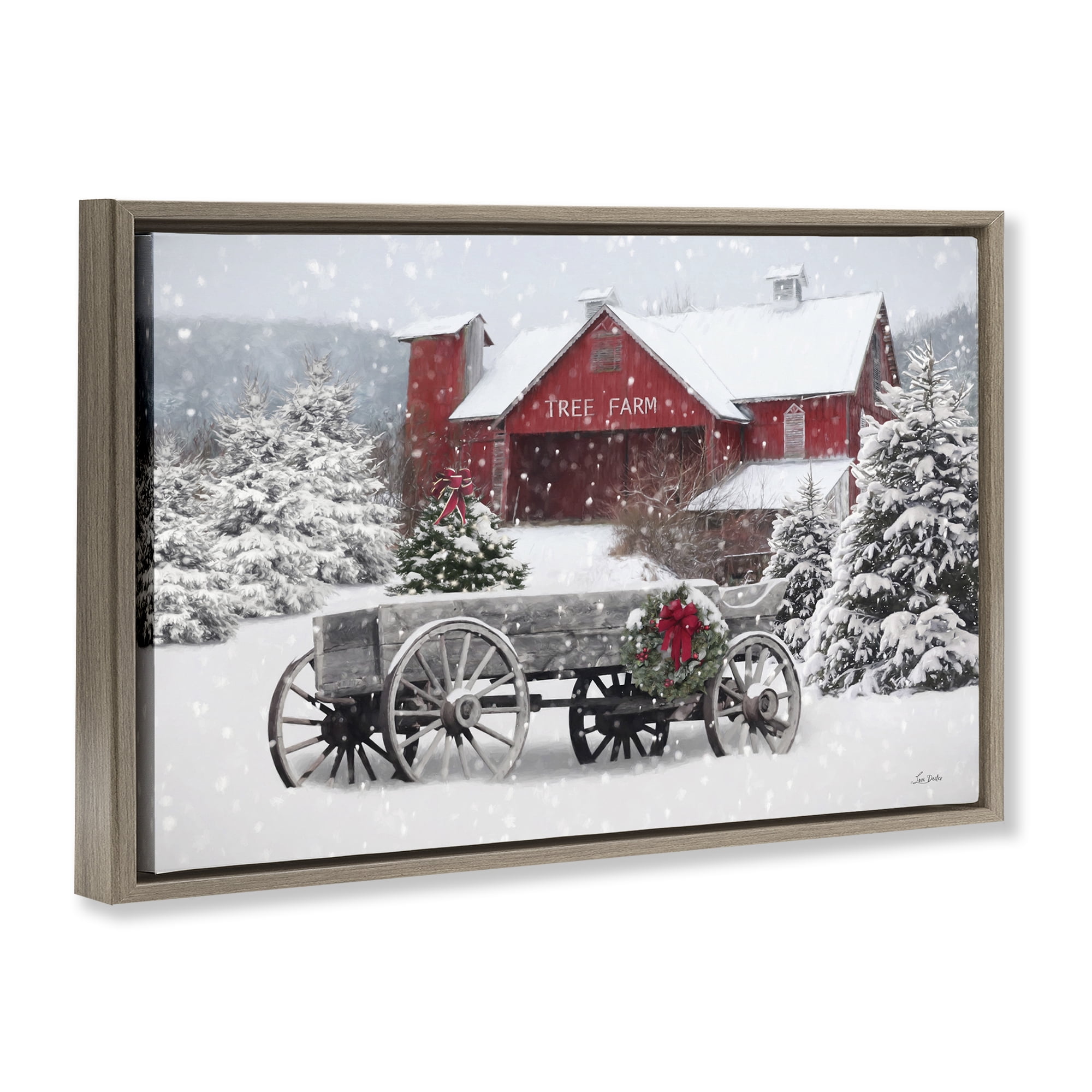 Stupell Industries Winter Wagon & Barn Holiday Painting Brown Floater Framed Canvas Art Prints Wall Art, 31 x 21