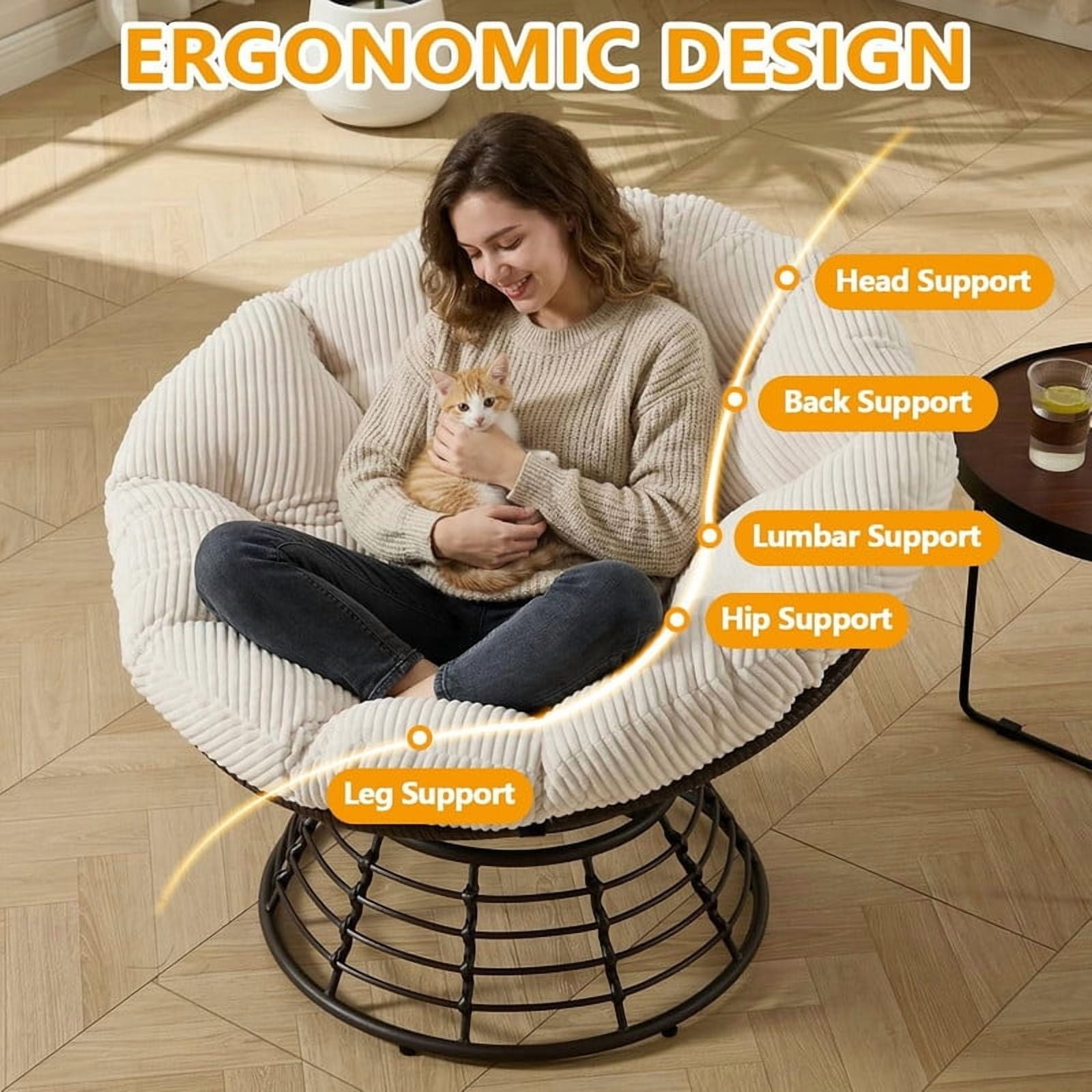 Ergonomic Wicker Papasan Chair, 360° Swivel Chair with Soft Thick Cushion for Living Room, Bedroom, Reading Room